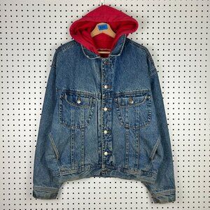 GAP Denim Jean Jacket Large Vintage 90s‎ Red Hoodie Trucker Western Blue Work